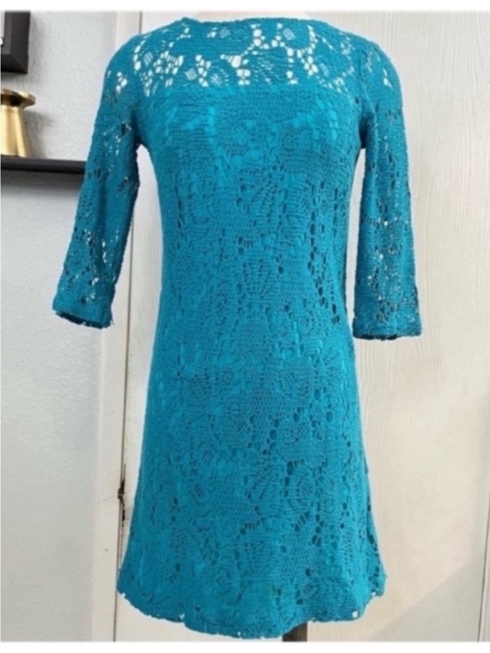 Trina Turk Blue Crochet Lace Long Sleeve Shift Dress Size 0